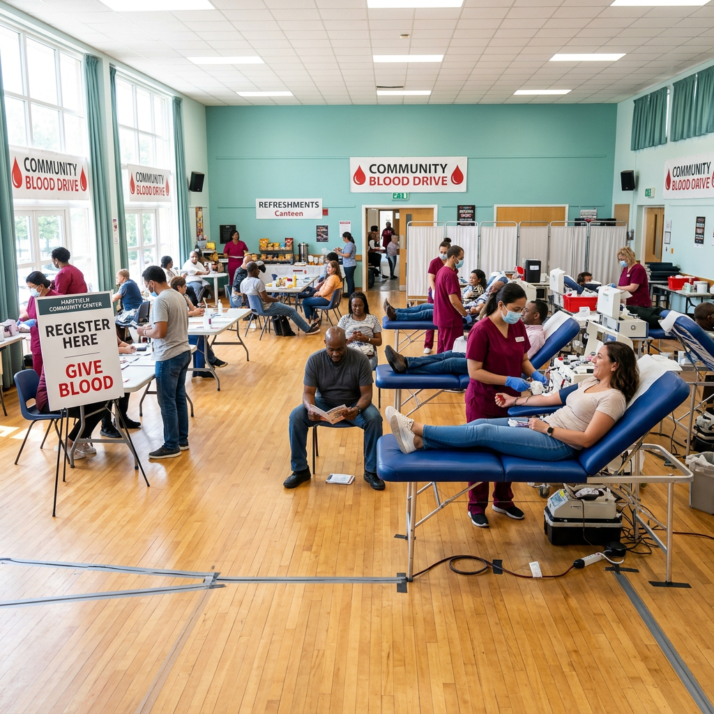 Community blood drive with donors giving blood, volunteers assisting, and a registration area.
