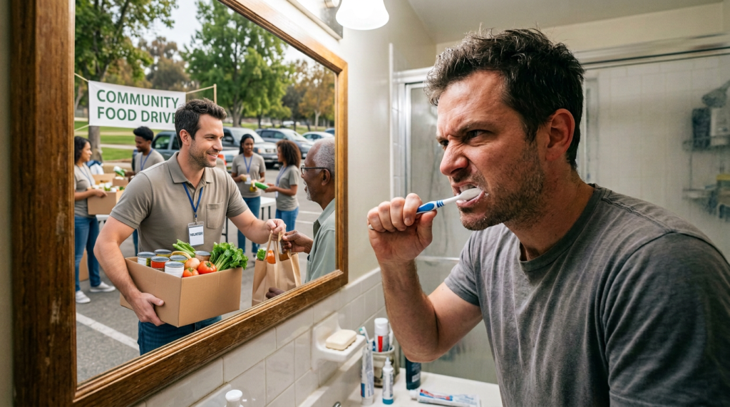 Man brushing teeth with a focused expression in bathroom mirror