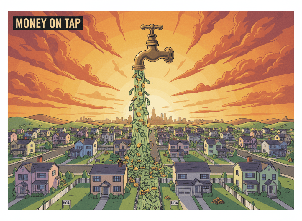 A wide landscape illustration showing a faucet dripping money (coins and dollar bills) down into a suburban neighborhood with HOA-style homes. The scene has a slightly dramatic, editorial feel — warm tones, clean composition, suitable as a blog featured image. No black bars or square crop. 16:9 aspect ratio, centered subject with breathing room on the sides.
